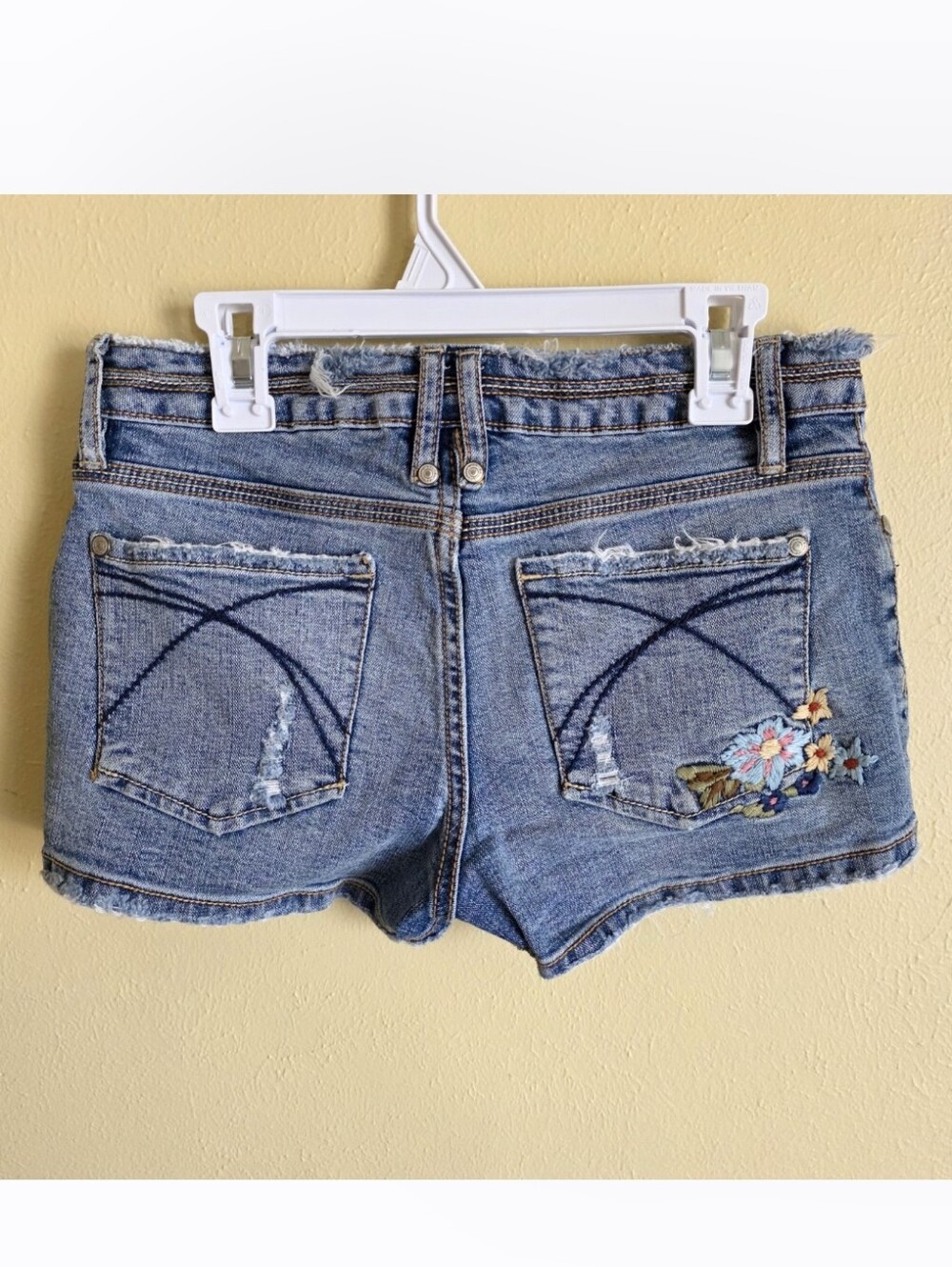 Y2K Flower Embroidered Low Rise Distressed Destroyed Blue Jean Shorts
